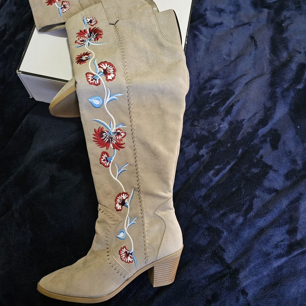Carlos by Carlos Santana Tan Over the Knee Boots with Red and Blue Embroidery